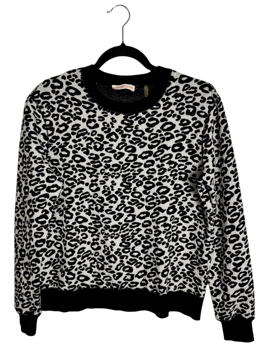 Rebecca Taylor Leopard Print Black White Sweatshirt Wool Blend Rib Knit Small